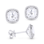 2.88ct Cushion Cut White Topaz & Round Diamond 8-Prong Square-Halo Stud Earrings in 14k White Gold