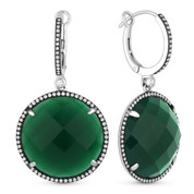 24.78ct Checkerboard Green Agate & Round Cut Diamond Halo Dangling Earrings in 14k White Gold