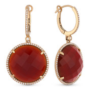 25.96ct Checkerboard Red Agate & Round Cut Diamond Halo Dangling Earrings in 14k Rose Gold