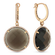 26.04ct Checkerboard Smoky Topaz & Round Cut Diamond Halo Dangling Earrings in 14k Rose Gold