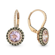 3.08ct Pink Amethyst w/ Brown & White Diamond Pave Leverback Drop Earrings in 14k Rose & Black Gold