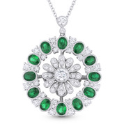 3.09ct Oval Cut Emerald & Round Cut Diamond Pave Statement Pendant in 18k White Gold w/ 14k Chain Necklace