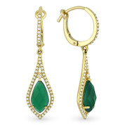 3.11ct Pear-Shaped Checkerboard Green Agate & Round Cut Diamond Pave Dangling Earrings in 14k Yellow Gold