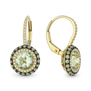 3.16ct Green Amethyst w/ Brown & White Diamond Pave Leverback Drop Earrings in 14k Yellow & Black Gold