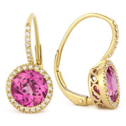 3.17ct Round Brilliant Cut Lab-Created Pink Sapphire & Diamond Leverback Drop Earrings in 14k Yellow Gold