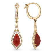 3.29ct Pear-Shaped Checkerboard Red Agate & Round Cut Diamond Pave Dangling Earrings in 14k Rose Gold