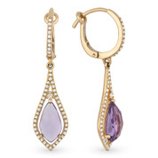 3.45ct Pear-Shaped Checkerboard Amethyst & Round Cut Diamond Pave Dangling Earrings in 14k Rose Gold