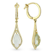 3.50ct Pear-Shaped Checkerboard Green Amethyst & Round Cut Diamond Pave Dangling Earrings in 14k Yellow Gold