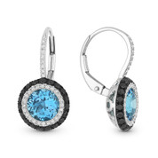 3.89ct Blue Topaz w/ Black & White Diamond Pave Leverback Drop Earrings in 14k White & Black Gold