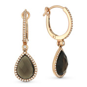 4.00ct Pear-Shaped Checkerboard Smoky Topaz & Round Cut Diamond Dangling Earrings in 14k Rose Gold