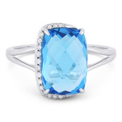 4.79ct Checkerboard Cushion Blue Topaz & Round Cut Diamond Right-Hand Fashion Ring in 14k White Gold