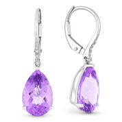 5.09ct Pear-Shaped Checkerboard Amethyst & Round Cut Diamond Dangling Earrings in 14k White Gold