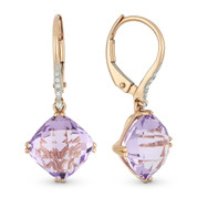 5.24ct Cushion Checkerboard Pink Amethyst & Round Cut Diamond Dangling Earrings in 14k Rose Gold