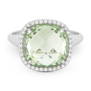 5.35ct Cushion Cut Green Amethyst & Round Diamond Pave Right-Hand Cocktail Ring in 14k White Gold