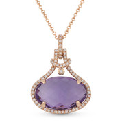 5.43ct Checkerboard Oval Amethyst & Round Cut Diamond Halo Pendant & Chain Necklace in 14k Rose Gold