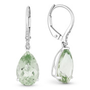5.64ct Pear Checkerboard Green Amethyst & Round Cut Diamond Dangling Earrings in 14k White Gold