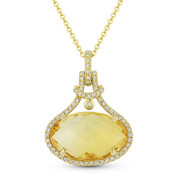 5.65ct Checkerboard Oval Citrine & Round Cut Diamond Halo Pendant & Chain Necklace in 14k Yellow Gold