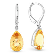 5.87ct Pear Checkerboard Citrine & Round Cut Diamond Dangling Earrings in 14k White Gold