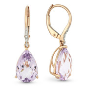 5.96ct Pear Checkerboard Pink Amethyst & Round Cut Diamond Dangling Earrings in 14k Rose Gold