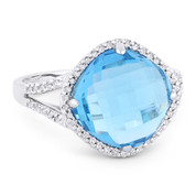 6.26ct Checkerboard Cushion Blue Topaz & Round Cut Diamond Right-Hand Cocktail Ring in 14k White Gold