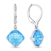 6.28ct Cushion Checkerboard Blue Topaz & Round Cut Diamond Dangling Earrings in 14k White Gold