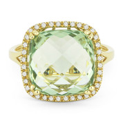 6.56ct Cushion Cut Green Amethyst & Round Diamond Pave Right-Hand Cocktail Ring in 14k Yellow Gold