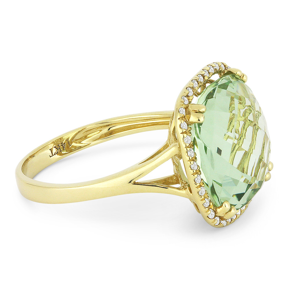 10.85 ct Cushion Cut Green Amethyst /& Diamond Pave 14k Yellow Gold Cocktail Ring