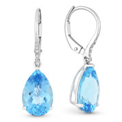 6.93ct Pear Checkerboard Blue Topaz & Round Diamond Dangling Earrings in 14k White Gold