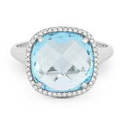 7.06ct Cushion Cut Blue Topaz & Round Diamond Pave Right-Hand Cocktail Ring in 14k White Gold