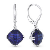 7.10ct Cushion Checkerboard Lab-Created Sapphire & Round Cut Diamond Dangling Earrings in 14k White Gold