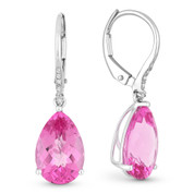 7.86ct Pear Checkerboard Lab-Created Pink Sapphire & Round Cut Diamond Dangling Earrings in 14k White Gold