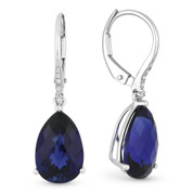 8.34ct Pear Checkerboard Lab-Created Blue Sapphire & Round Cut Diamond Dangling Earrings in 14k White Gold