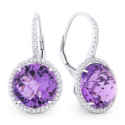 12.36ct Checkerboard Purple Amethyst & Round Cut Diamond Halo Leverback Drop Earrings in 14k White Gold