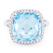 9.49ct Cushion Cut Blue Topaz & Round Diamond Pave Right-Hand Cocktail Ring in 14k White Gold