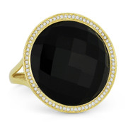 9.68ct Checkerboard Round Black Onyx & 0.22ct Round Cut Diamond Halo Cocktail Ring in 14k Yellow Gold