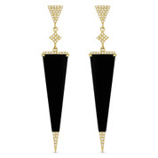 Black Onyx & 0.23ct Diamond Pave Dangling Long-Triangle Stiletto Earrings in 14k Yellow Gold