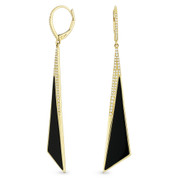 Black Onyx & 0.30ct Diamond Pave Dangling Fancy Triangle Stiletto Earrings in 14k Yellow Gold