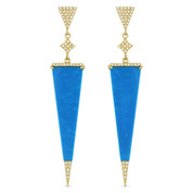 Blue Turquoise & 0.23ct Diamond Pave Dangling Long-Triangle Stiletto Earrings in 14k Yellow Gold