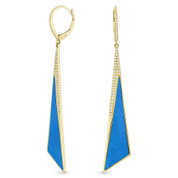 Blue Turquoise & 0.30ct Diamond Pave Dangling Fancy Triangle Stiletto Earrings in 14k Yellow Gold