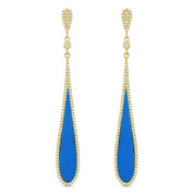 Blue Turquoise & 0.48ct Diamond Pave Dangling Tear-Drop Earrings in 14k Yellow Gold