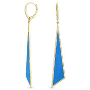 Blue Turquoise & 0.50ct Diamond Pave Dangling Fancy Triangle Stiletto Earrings in 14k Yellow Gold