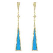 Blue Turquoise & 0.50ct Pave Dangling Long-Triangle Stiletto Earrings in 14k Yellow Gold