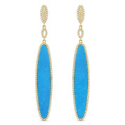Blue Turquoise & 0.57ct Diamond Pave Dangling Multi-Oval Long Earrings in 14k Yellow Gold