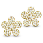 0.55ct Round Cut Diamond Pave Flower Charm Stud Earrings in 14k Yellow Gold