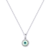 Evil Eye Charm Mother-of-Pearl & Diamond 5mm Pendant in 14k White Gold w/ Chain Necklace