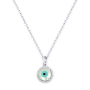 Evil Eye Charm Mother-of-Pearl & Diamond 6mm Pendant in 14k White Gold w/ Chain Necklace