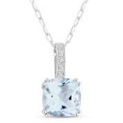 1.91ct Cushion Cut Blue Topaz & Round Diamond Pendant & Chain Necklace in 14k White Gold