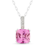 2.10ct Cushion Cut Lab-Created Pink Sapphire & Round Diamond Pendant & Chain Necklace in 14k White Gold