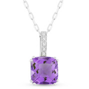 1.34ct Cushion Cut Amethyst & Round Diamond Pendant & Chain Necklace in 14k White Gold