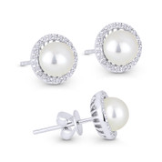 6mm Freshwater Pearl & 0.16ct Round Cut Diamond Halo Stud Earrings in 14k White Gold